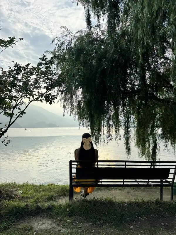 A person sitting on a bench under a weeping willow, looking out over a lake